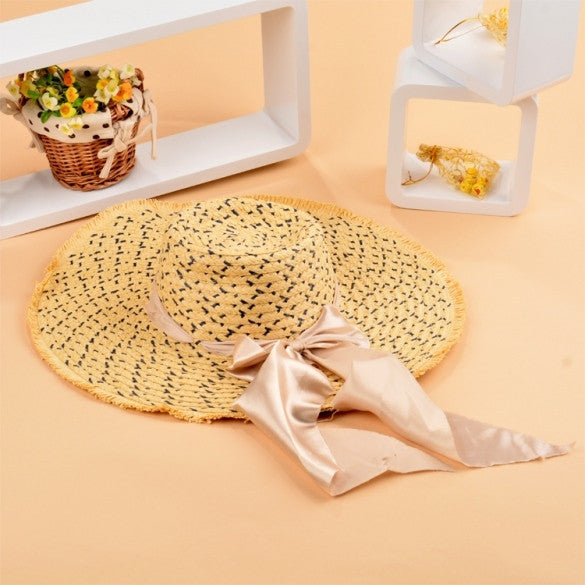 Women Bowknot Hat Wide Large Brim Girl Summer Beach Sun Straw Weave Casual Sun Hat