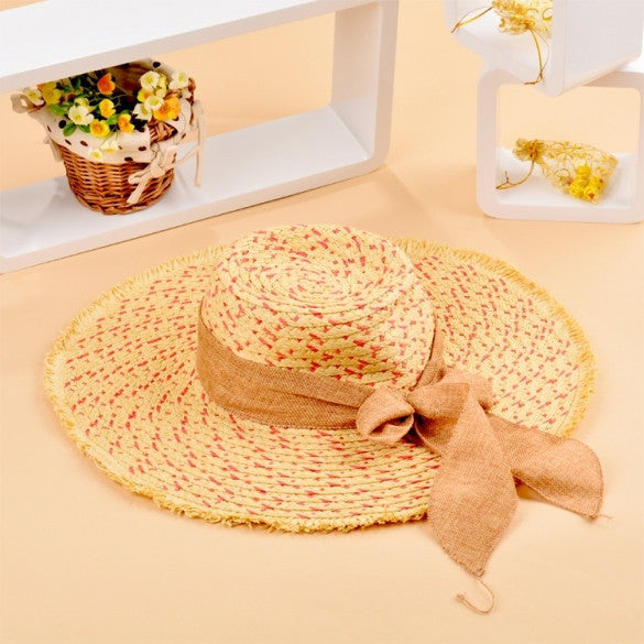 Women Bowknot Hat Wide Large Brim Girl Summer Beach Sun Straw Weave Casual Sun Hat
