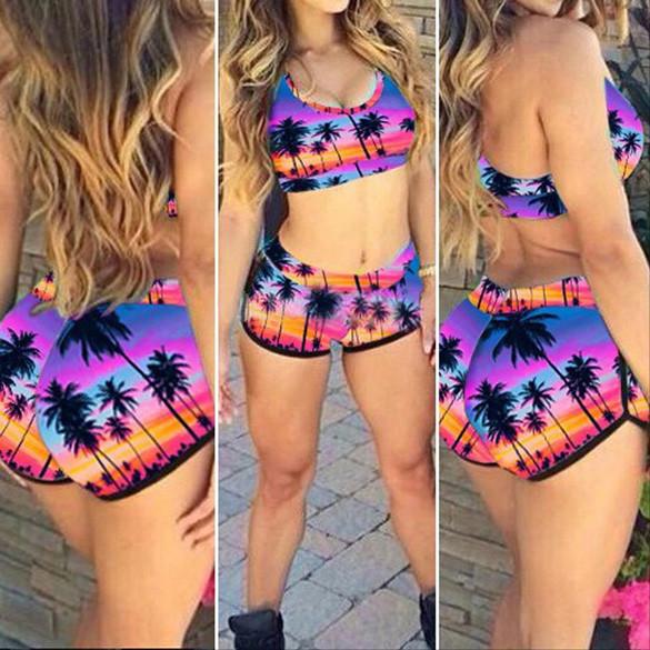 Floral Print Bandage Crop Top with Short Bikini Set Activewear - Meet Yours Fashion - 3