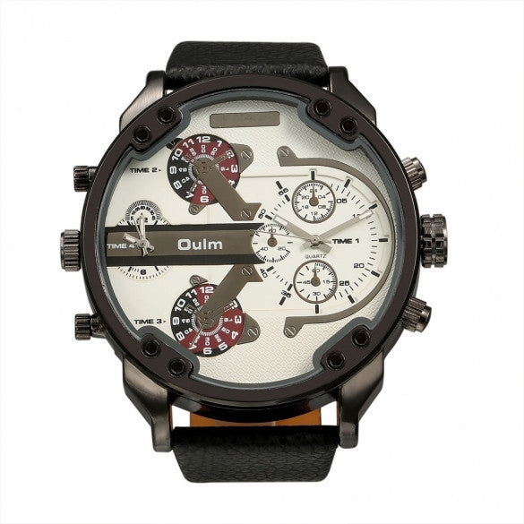 OULM Fashion Oversized Dual Dial Display Time Chronograph PU Leather Band Men's Watch - May Your Fashion - 5