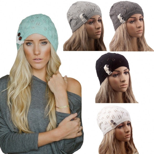 New Stylish Ladies Women Wool Button Lace Patchwork Knitted Warm Hat