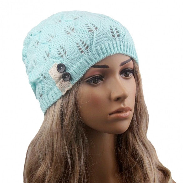 New Stylish Ladies Women Wool Button Lace Patchwork Knitted Warm Hat