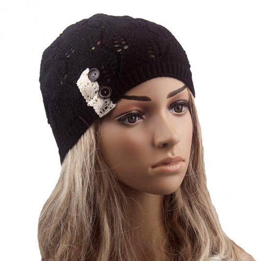 New Stylish Ladies Women Wool Button Lace Patchwork Knitted Warm Hat