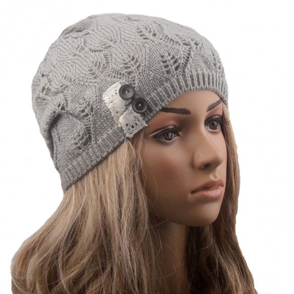 New Stylish Ladies Women Wool Button Lace Patchwork Knitted Warm Hat