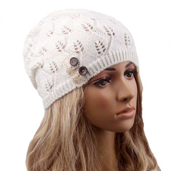 New Stylish Ladies Women Wool Button Lace Patchwork Knitted Warm Hat
