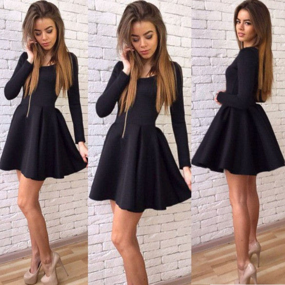 Long Sleeves Zipper High Waist Pleated Little Black Dress - May Your Fashion - 2