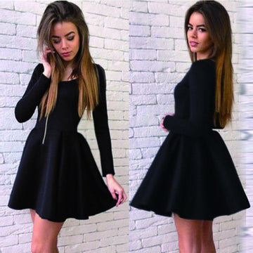 Long Sleeves Zipper High Waist Pleated Little Black Dress - May Your Fashion - 1