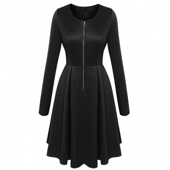 Long Sleeves Zipper High Waist Pleated Little Black Dress - May Your Fashion - 3