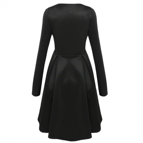 Long Sleeves Zipper High Waist Pleated Little Black Dress - May Your Fashion - 4