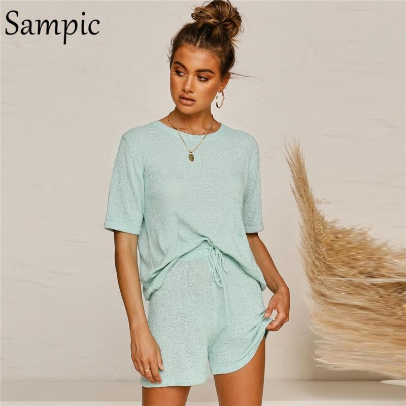 Summer Beach Casual O Neck Khaki Short Sleeve Two Piece Set Crop Top And Shorts Drawstring 2 Piece Women Set Outfits