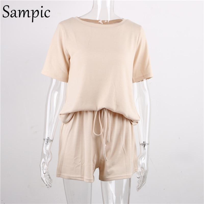 Summer Beach Casual O Neck Khaki Short Sleeve Two Piece Set Crop Top And Shorts Drawstring 2 Piece Women Set Outfits