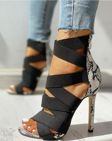 Bandage Patchwork Mixed Colors Snake High Heels Sandals