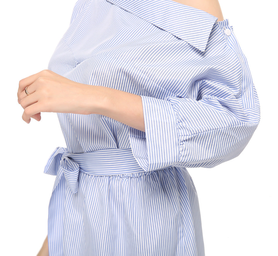 Blue Striped Shirt Short Dress Mini Sexy Side Split Half Sleeve Beach Dresses Plus Size Sundress