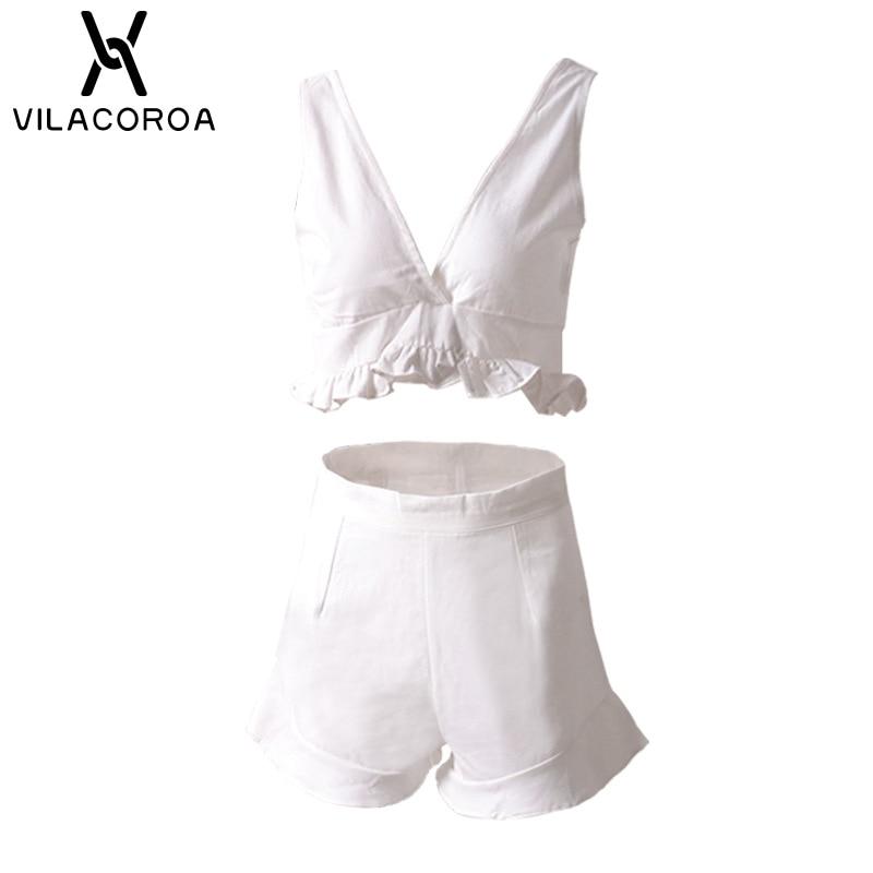 Summer Women's 2 Piece White V-neck Tube Top Short Set Ruffled Top + Elastic Waist Ruffled Straight Shorts Women's 2 Piece Set