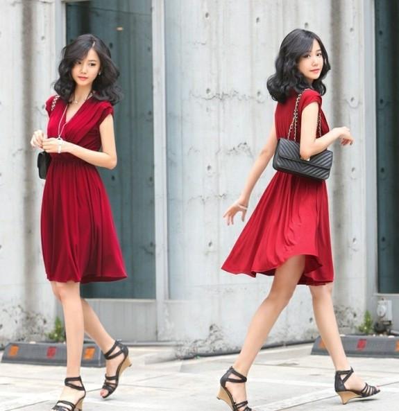 V-Neck Cap Sleeve Pleated Short Dress - Meet Yours Fashion - 11