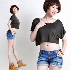 Scoop Casual Short Sleeve Pocket Short Midriff-baring T-shirt - Meet Yours Fashion - 3