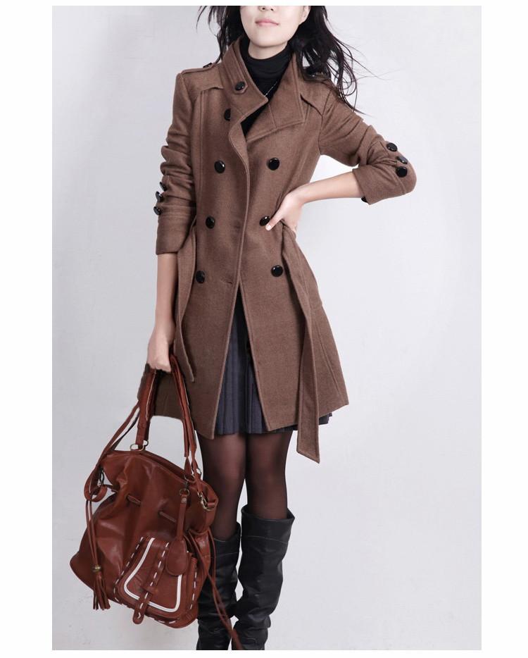 Stand Collar Double Button Belt Slim Plus Size Woolen Coat - Meet Yours Fashion - 7