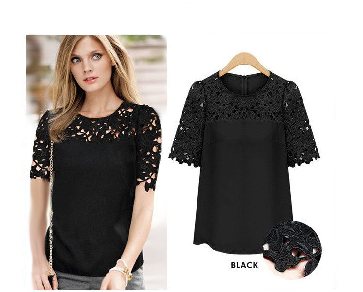 Lace Patchwork Short Sleeves Scoop Hollow Out Chiffon Blouse - May Your Fashion - 5
