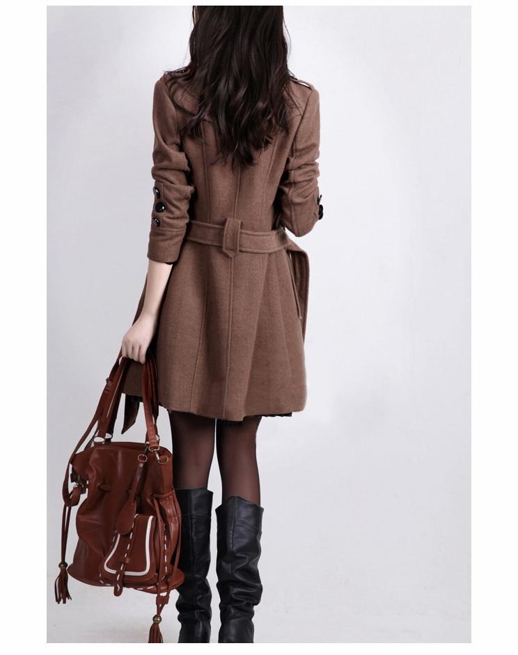 Stand Collar Double Button Belt Slim Plus Size Woolen Coat - Meet Yours Fashion - 8