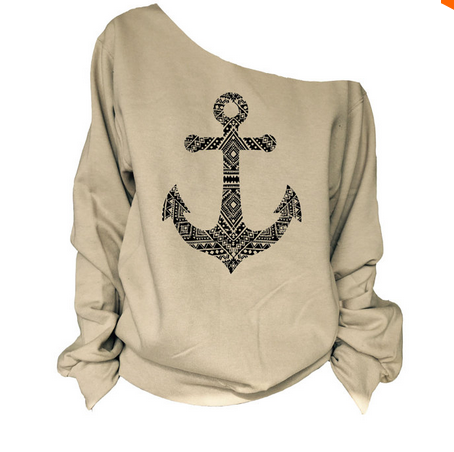 Fashion Anchor Print Skew Neck Sweatshirt T-shirt - May Your Fashion - 2