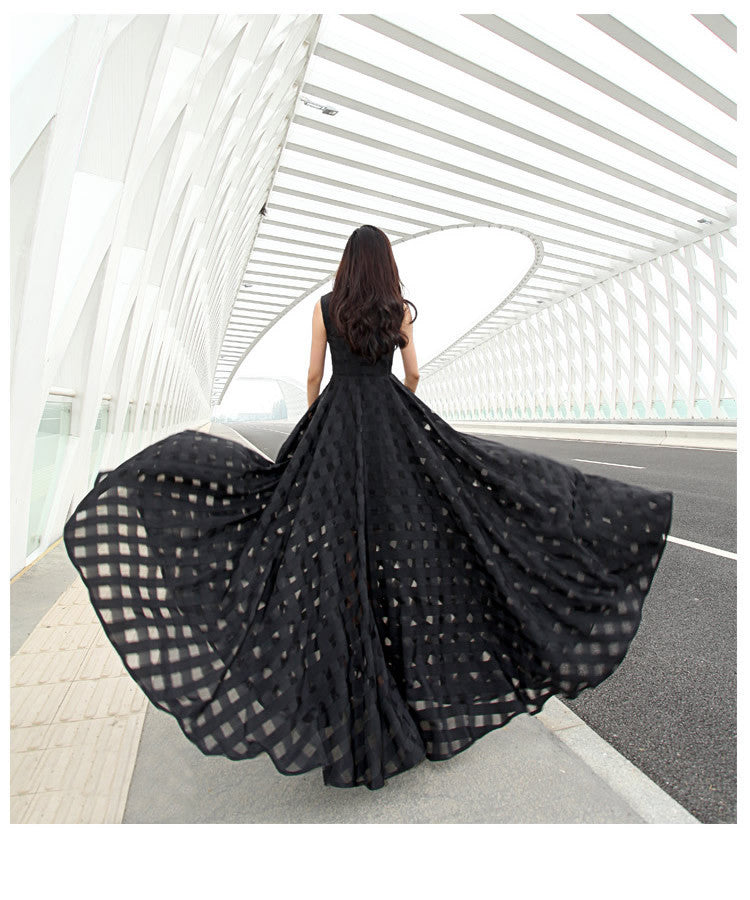Scoop Sleeveless Flared Pleated Organza Long Beach Dress