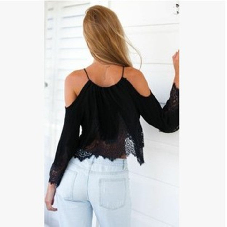 Off-shoulder Lace Patchwork Crop Top Long Sleeve Chiffon Blouse