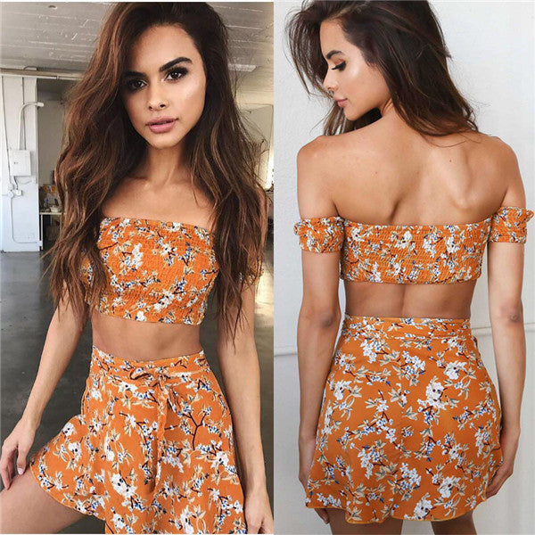Floral Print Strapless Crop Top with Ruffles Skirt Two Pieces Dress Set