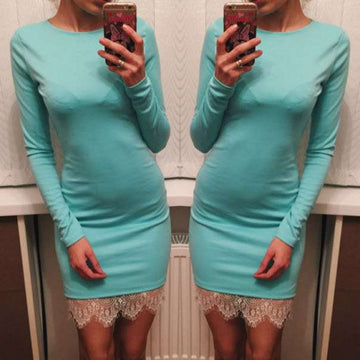 Scoop Lace Patchwork Long Sleeves Slim Short Dress - May Your Fashion - 8