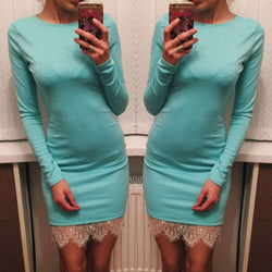 Scoop Lace Patchwork Long Sleeves Slim Short Dress - May Your Fashion - 8