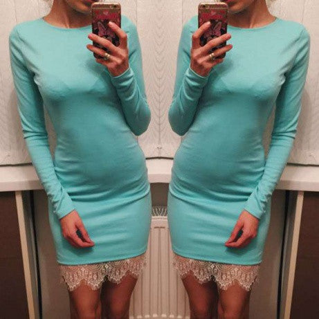 Scoop Lace Patchwork Long Sleeves Slim Short Dress - May Your Fashion - 8