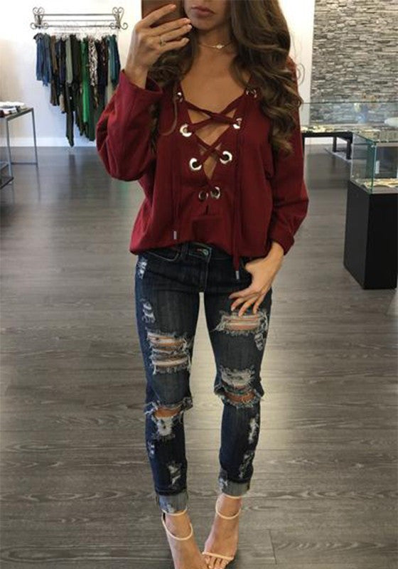 Straps Lace Up Deep V-neck Drop Shoulder T-shirt