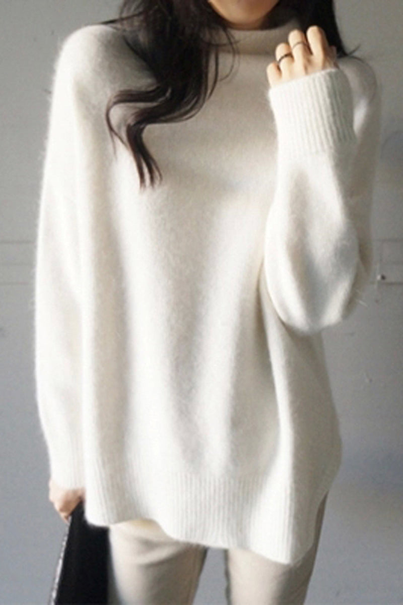 Warm High Neck Solid Color Side Split Long Sleeves Sweater