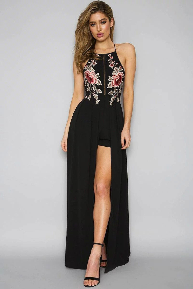 Embroidery Print Irregular Spaghetti Straps Back Cross Long Dress 