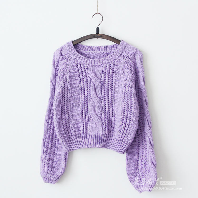 Cable Sleeve Coarse Yam Pure Color Pullover Sweater - May Your Fashion - 5