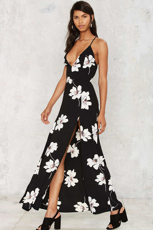 Print V-neck Back Cross Split Long Dress 
