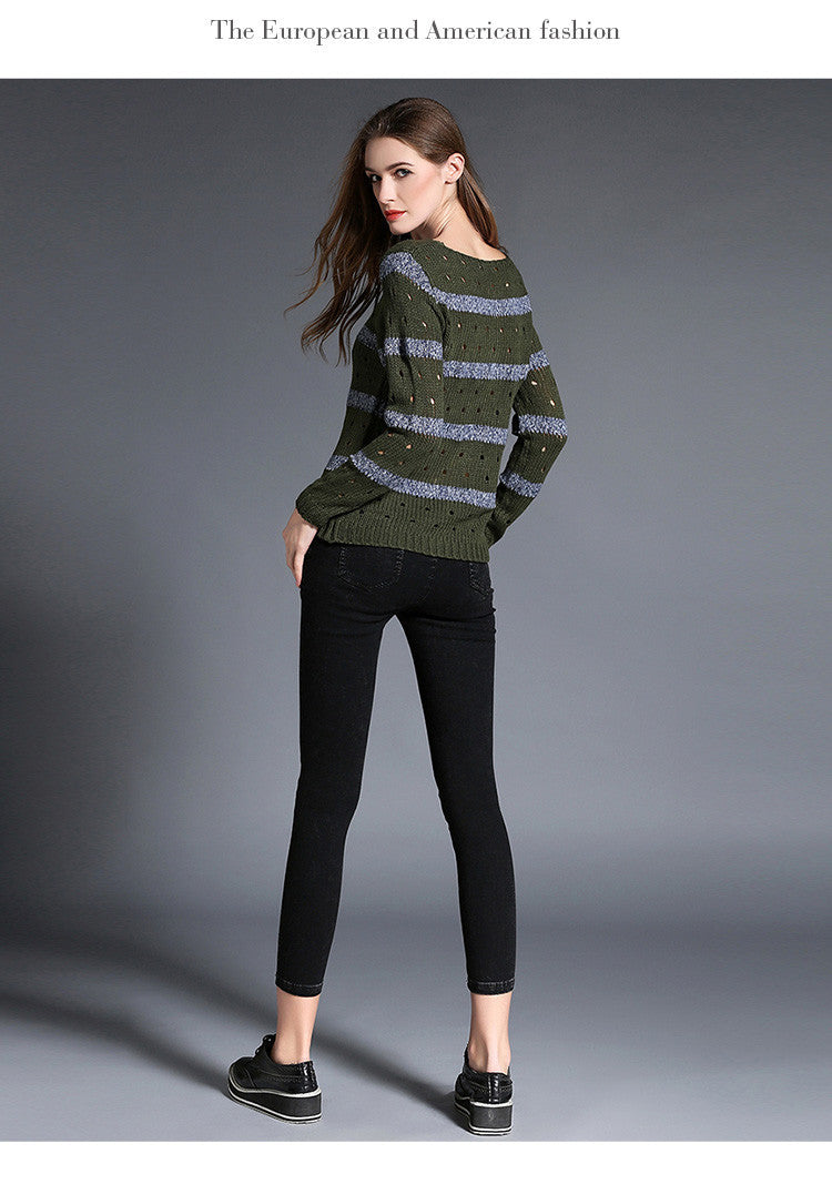 Fashion Stripe Hollow Out Pullovers Knitwear Sweater