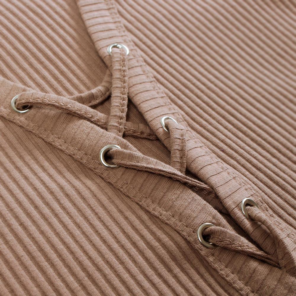 Pure Color Stretchy Ribbed-Knit Lace Up Blouse