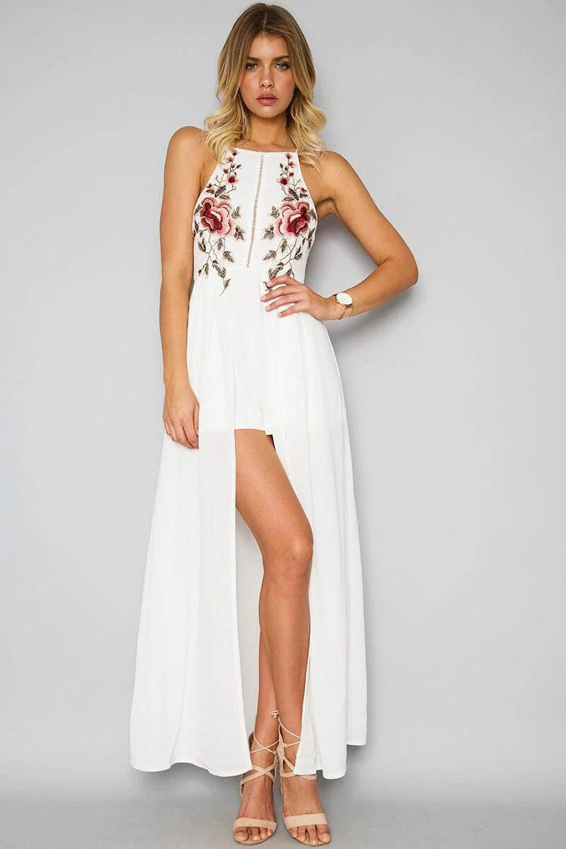 Embroidery Print Irregular Spaghetti Straps Back Cross Long Dress 