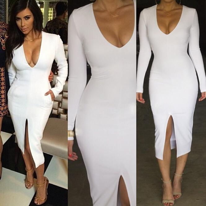 V-neck Long Sleeves Split Over-knee Length Dress - MeetYoursFashion - 5