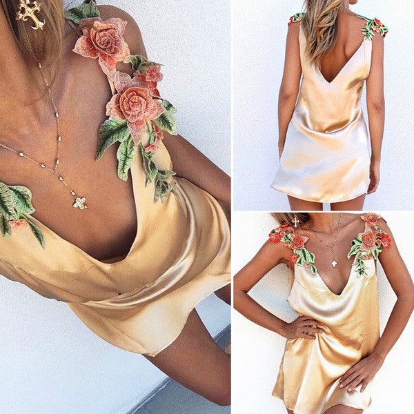 Deep V-neck Spaghetti Straps Flower Print Short Dress