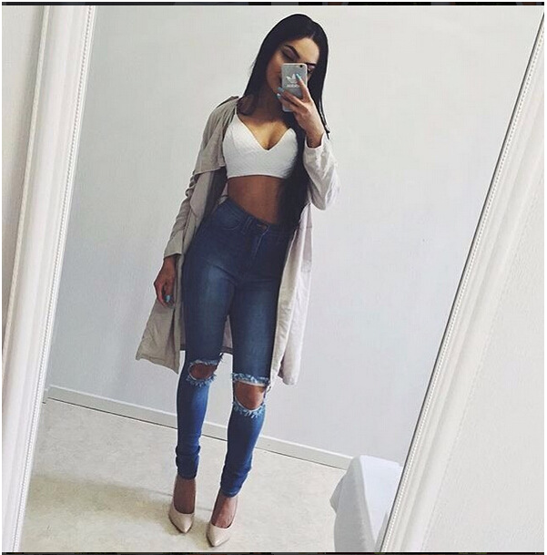 High Waist Blue Holes Ripped Beggar Slim Jeans