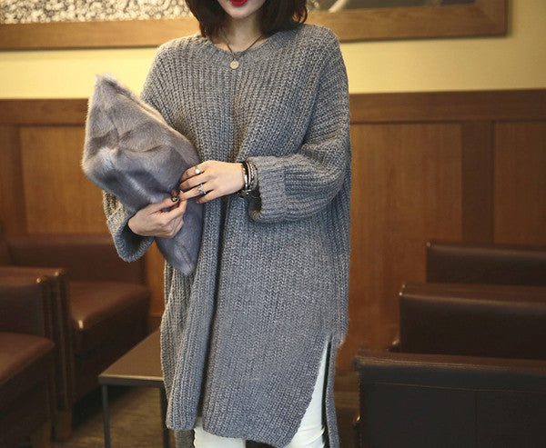 Gray Slitting Irregular Knitting Long Sweater