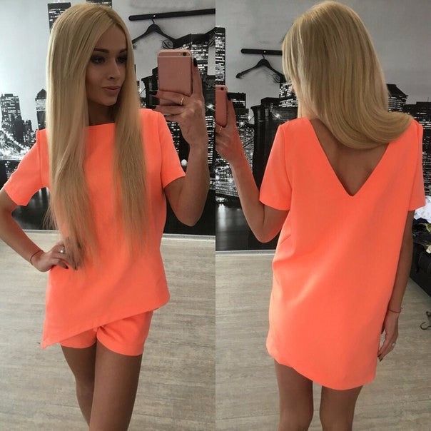 Short Sleeves Pure Color Blouse Shorts Two Pieces Suits - May Your Fashion - 6