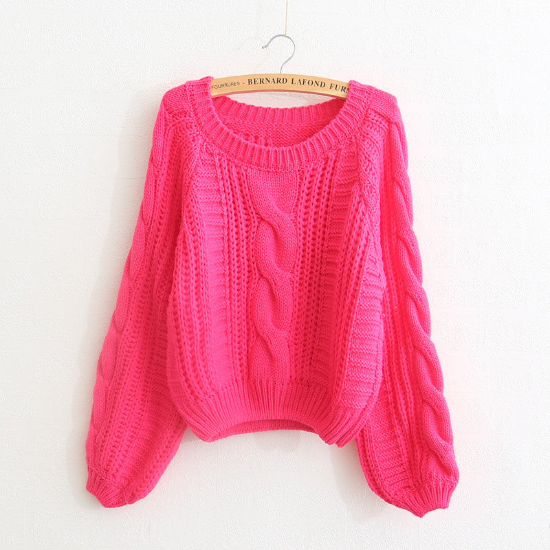 Cable Sleeve Coarse Yam Pure Color Pullover Sweater - May Your Fashion - 4