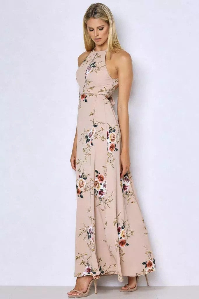 Bear Shoulder Backless Floral Print Split Long Dress