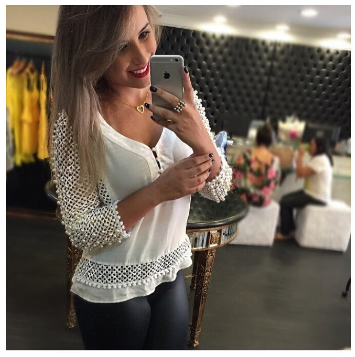 V-neck Mesh Holes Pure Color Button Slim Patchwork Long Sleeves Blouse