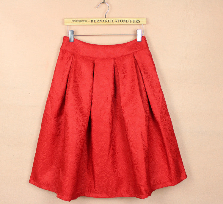 High Waist 3D Subtle Print Pleated Flared Full Skirt