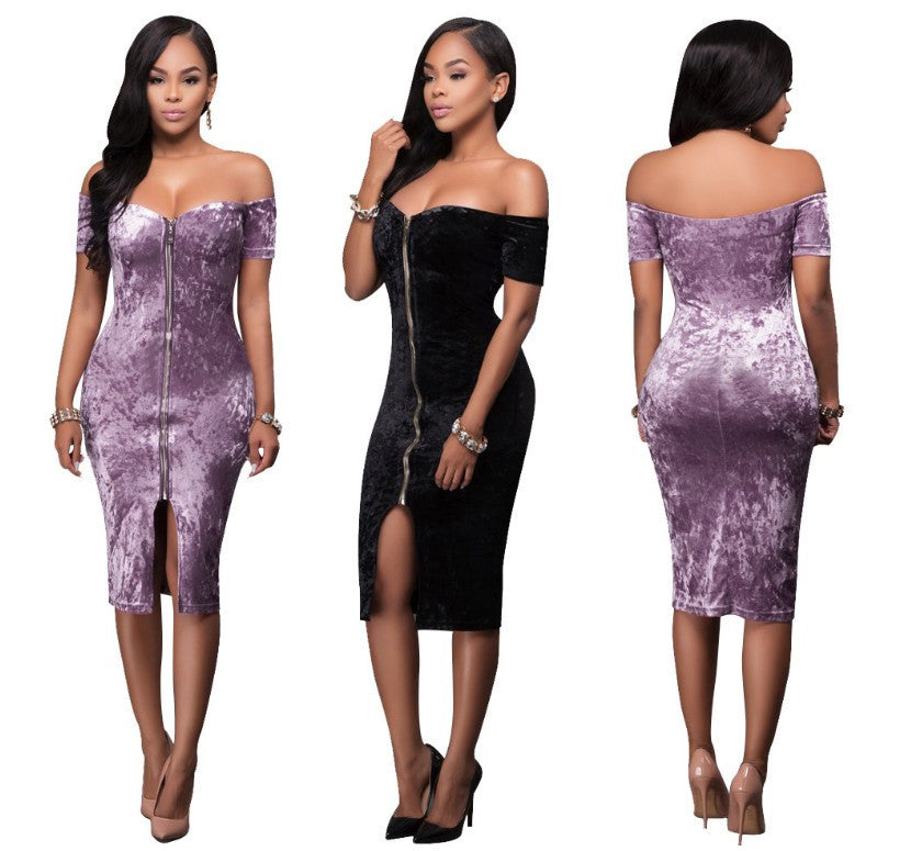 Sexy Pleuche Off Shoulder Short Sleeve Front Zipper Dress