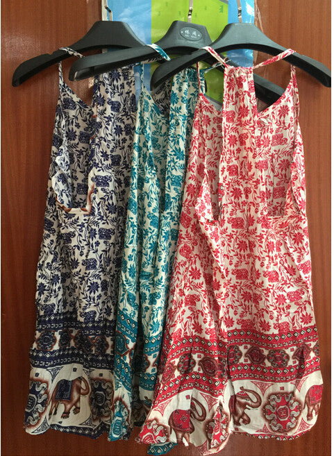 Elephant Floral Spaghetti Strap Sleeveless O-neck Short Dress
