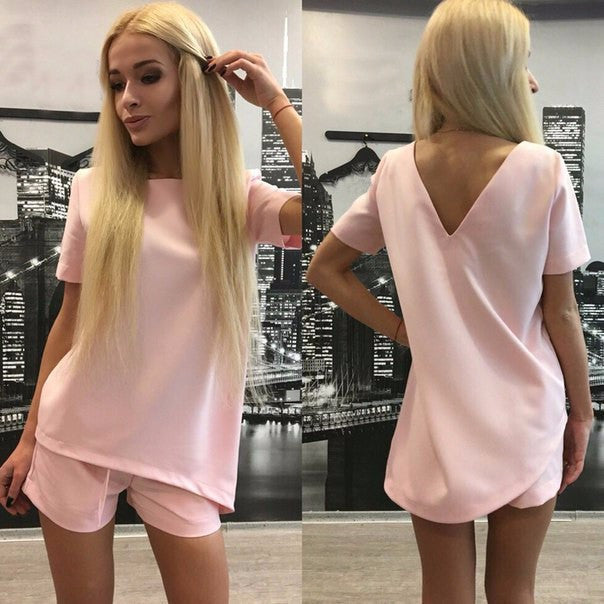 Short Sleeves Pure Color Blouse Shorts Two Pieces Suits - May Your Fashion - 4